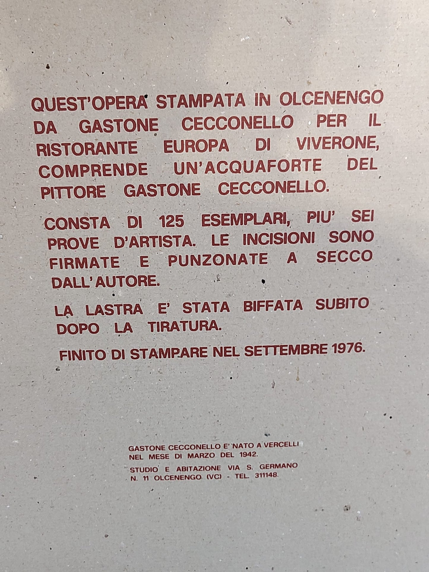 Acquaforte Originale di Gastone Cecconello – Tiratura Numerata 58/125 (1976) – Cornice Inclusa