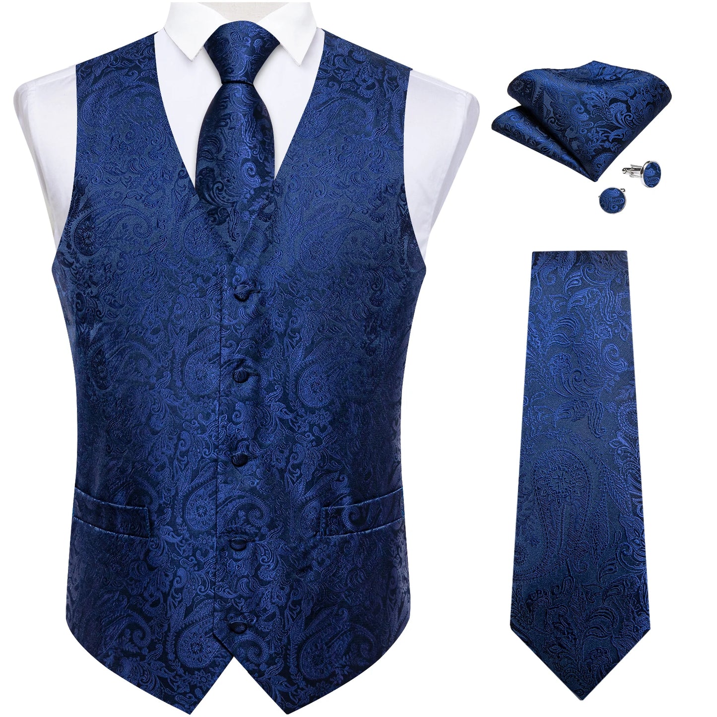 et Elegante da Uomo – Gilet Paisley con Cravatta, Fazzoletto e Gemelli