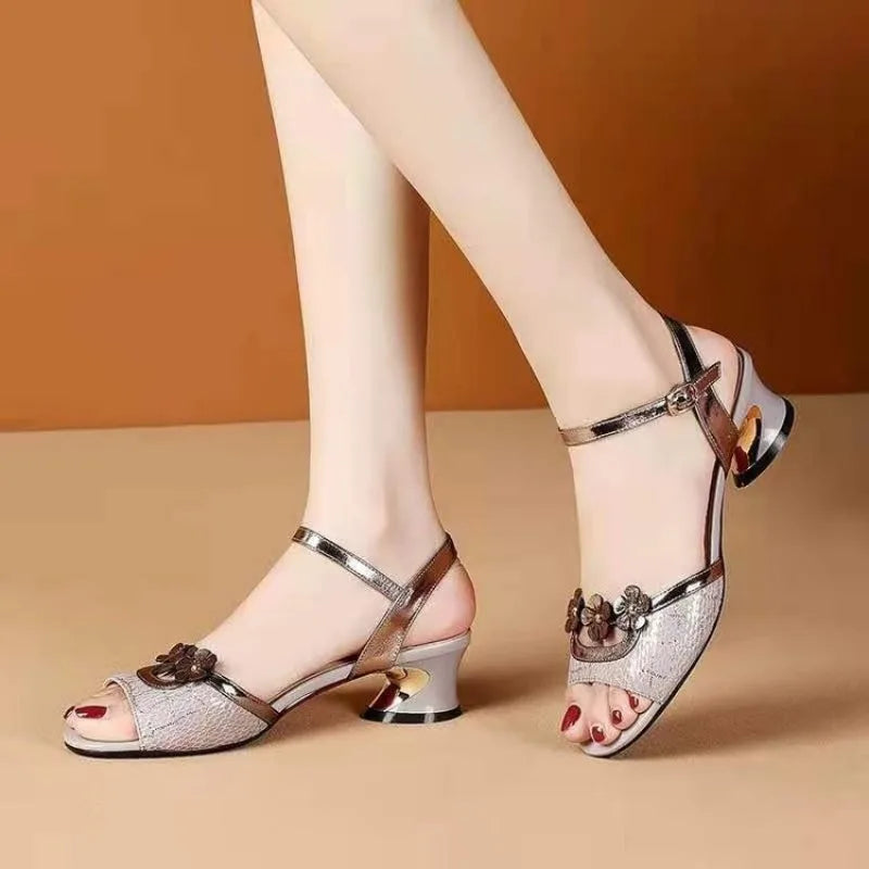 Sandali Eleganti Donna con Tacco Originale e Fiore Decorativo