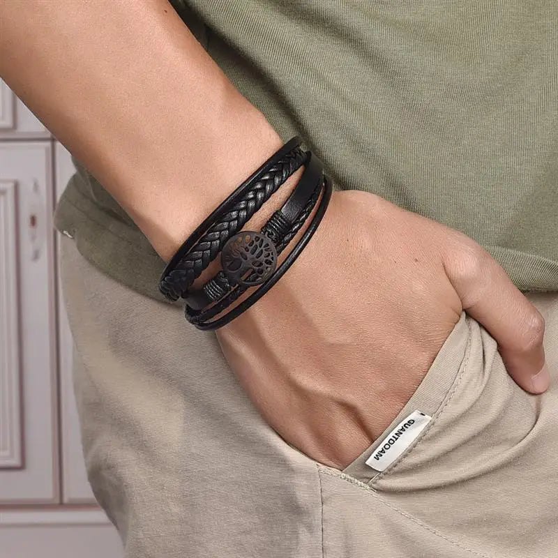 Bracciale Uomo in Pelle Intrecciata con Albero della Vita – Nero