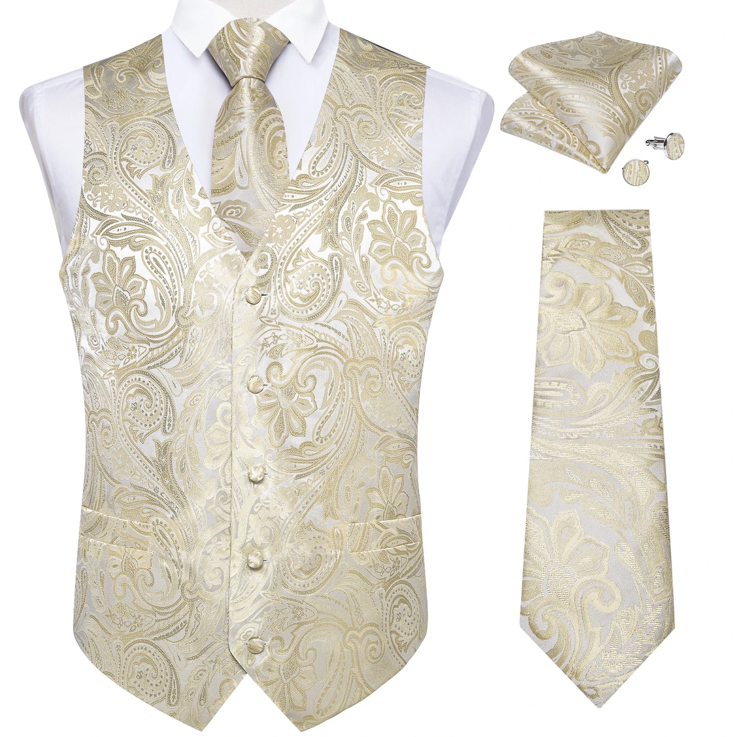 et Elegante da Uomo – Gilet Paisley con Cravatta, Fazzoletto e Gemelli