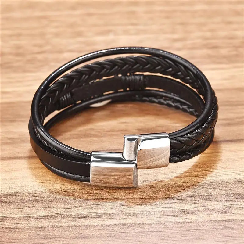 Bracciale Uomo in Pelle Intrecciata con Albero della Vita – Nero