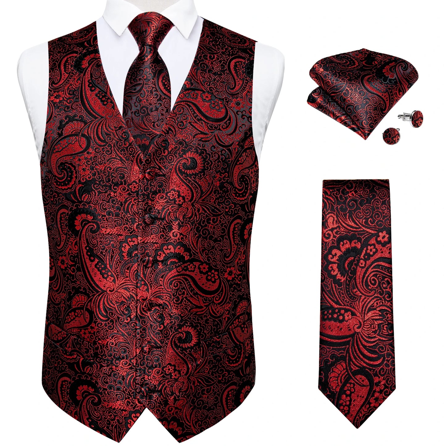 et Elegante da Uomo – Gilet Paisley con Cravatta, Fazzoletto e Gemelli