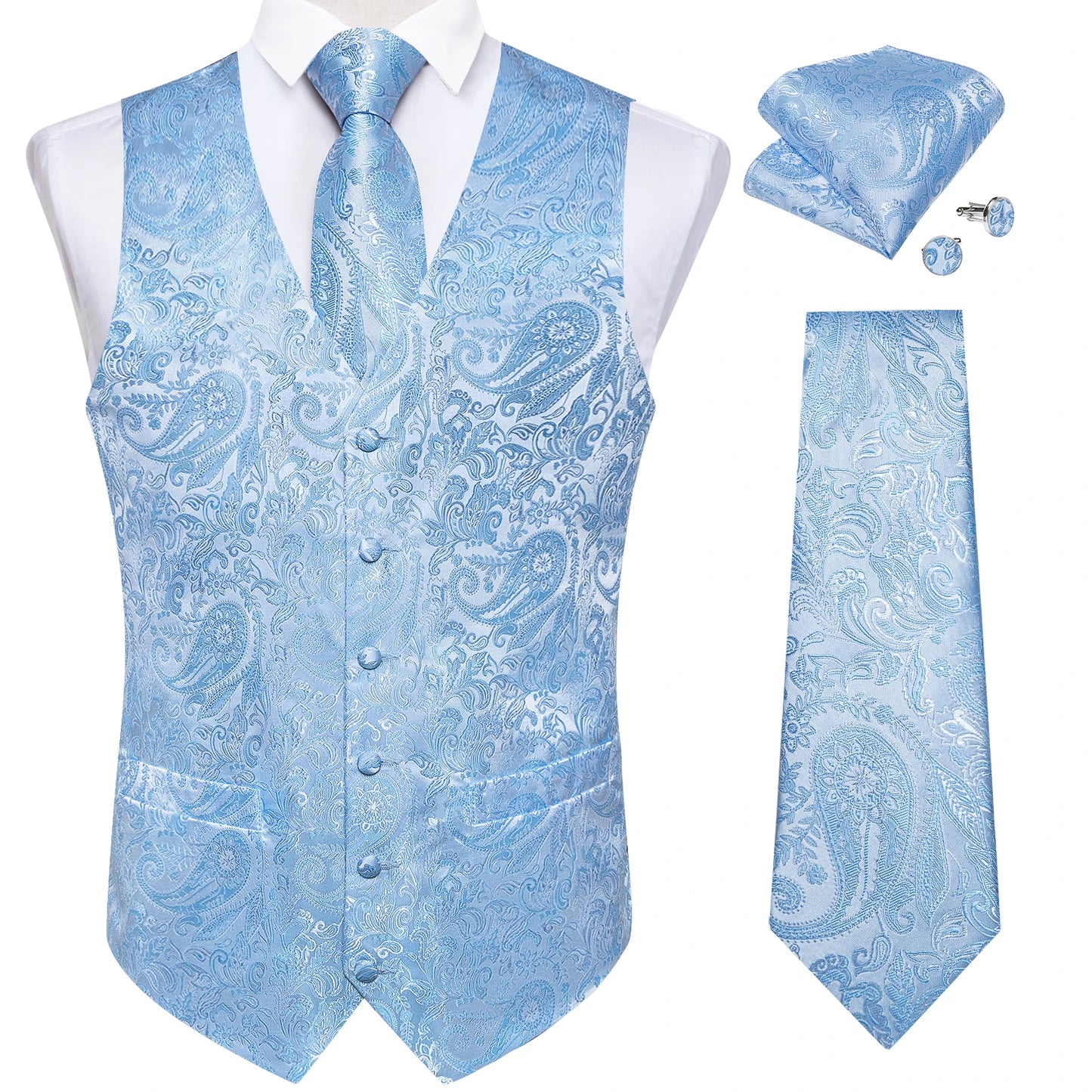 et Elegante da Uomo – Gilet Paisley con Cravatta, Fazzoletto e Gemelli