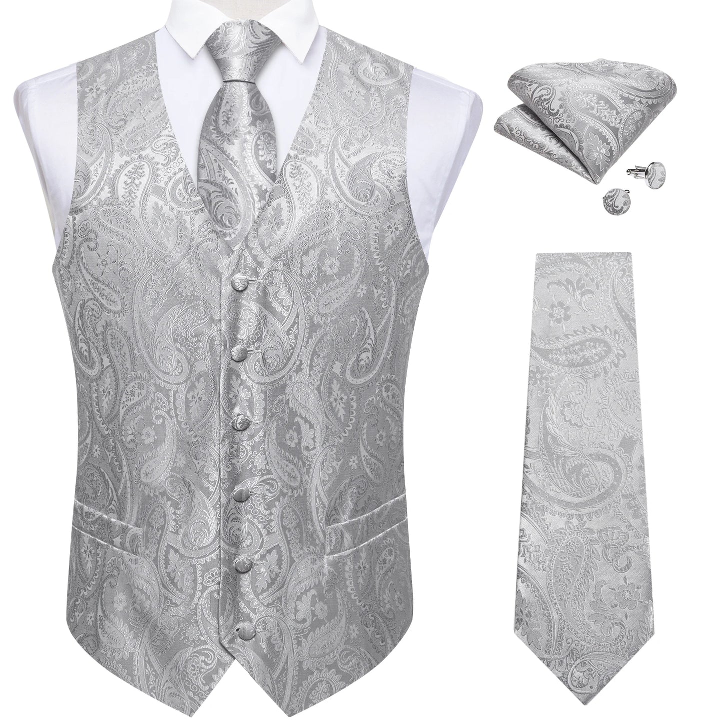 et Elegante da Uomo – Gilet Paisley con Cravatta, Fazzoletto e Gemelli